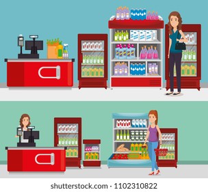 supermarket shelvings with people buying