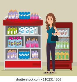 supermarket shelvings with woman buying