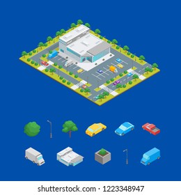 Supermarket or Shop Building Concept and Elements 3d Isometric View Exterior Construction with Street and Car. Vector illustration of Store or Mall