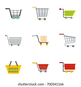 Supermarket shop cart icon set. Flat set of 9 supermarket shop cart vector icons for web isolated on white background