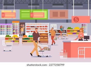 Supermarket shop food grocery store with people concept. Vector graphic design illustration
