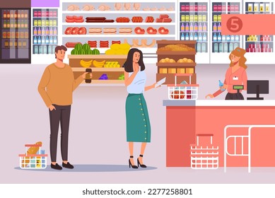 Supermercado tienda de comestibles de comida con concepto de gente. Ilustración del diseño gráfico del vector
