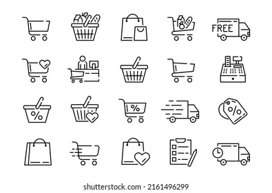 Supermarket shop icons. Shopping line pictograms. Store trolley. Cart and basket. Purchase bags. Cashier and merchant. Discount price tag. Free delivery truck. Vector outline signs set