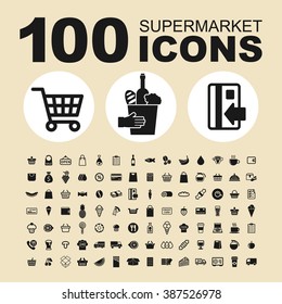 Supermarket and shop icons. Trade pictogram. Market vector graphic. Commercial design collection.