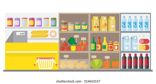 Supermarket, shop interior: showcases, shelves, fruits, vegetables, fridge, cash, shopping basket. Flat vector illustration