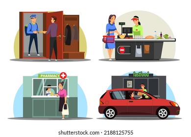 Supermarket or shop, restaurant of takeaway food, pharmacy and delivery service set vector illustration. Cartoon man and woman customers order and buy grocery food and medicines isolated on white