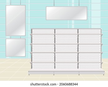 Supermarket shop with shelves, with display sign, Soft pastel tones, grocery items and retail concept.