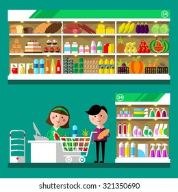 Supermarket. Shop vegetable, fruit, bread, sweet, drinks. Shelves with products. Buyers should at checkout. Vector flat design. Trendy graphic cartoon style.