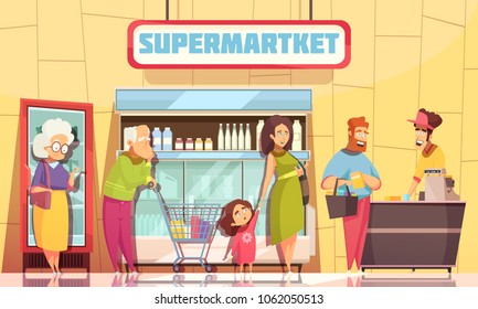 Supermarket Shoppers Queue Characters Poster With Young Family And Old People Waiting At Cashier Desk Vector Illustration 