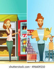 Supermarket shopping 2 retro cartoon vertical banners set with happy customers buying food isolated vector illustration 