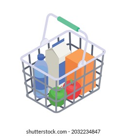 Supermarket shopping basket with carton box bottle and apples isometric icon vector illustration