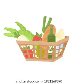Supermarket shopping basket full of groceries products. Grocery store.
Supermarket cart in cartoons style vector. Eco friendly. Go green
