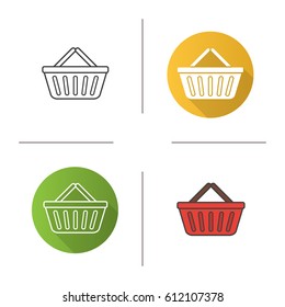 Supermarket shopping basket icon. Flat design, linear and color styles. Isolated vector illustrations