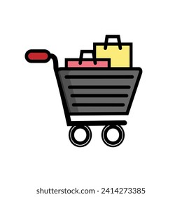 Supermarket shopping basket vector, basket frequently used in stores, flat illustration design. The shopping basket contains pink and yellow bags.