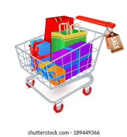 Supermarket shopping cart 3d full of gift boxes and bags with sale tags vector illustration