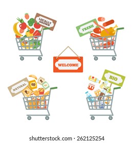 Supermarket shopping cart decorative icons set with food and commerce signs isolated vector illustration