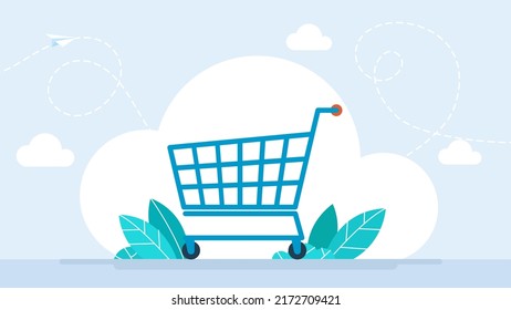 Supermarket Shopping Cart. Delivery From A Store, Shop. Grocery Shopping Cart On White. Empty Supermarket Food Basket. E-commerce Landing Page. Internet Marketing. Business Flat Vector Illustration.