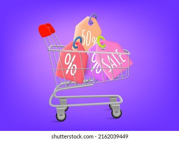 Supermarket shopping cart with discount tages. 3d vector illustration