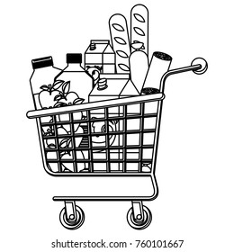 supermarket shopping cart with foods sausage and bread apples and drinks orange juice and water bottle and milk carton in monochrome silhouette