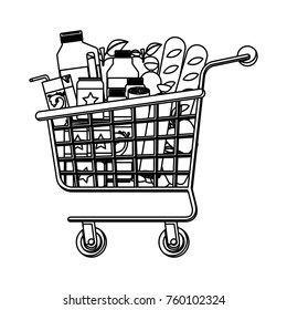 supermarket shopping cart with foods sausage and bread apples and drinks orange juice and water bottle and lacteal in monochrome silhouette