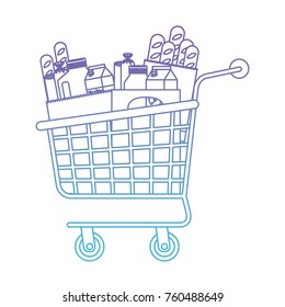 supermarket shopping cart with foods sausage bread and drinks juice and water bottle and milk carton in degraded purple to blue color contour