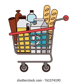 supermarket shopping cart with foods sausage bread and drinks juice and water bottle and milk carton in colorful silhouette with thin black contour
