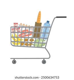 Supermarket Shopping Cart Full of Food and Drinks. Bread, Bottle of Water, Sausage, Eggs, Bananas, Zucchini, Potato, Yogurt, other Groceries. Vector Flat Illustration on White Background