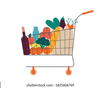 Supermarket shopping cart full of fresh groceries. Trolley with organic tasty food, fruit and vegetables. Flat vector illustration isolated on white background