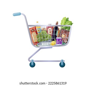 Supermarket shopping cart full of fresh grocery products. Side view of trolley of food purchases, fruit, vegetables, bottle of wine meat. Retail super market goods cartoon vector