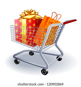 Supermarket shopping cart full of holyday gifts. Vector.