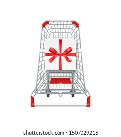 Supermarket shopping cart, gift box whith red ribbon and bow. 3d top view vector illustration. Photo realistic concept for Christmas cards, sale banners. Single object isolated on white background.