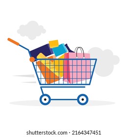 Supermarket shopping cart with grocery products.