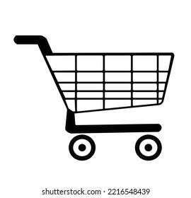 Supermarket shopping cart icon cut out on transparent.
Black and white Vector, purchase symbol