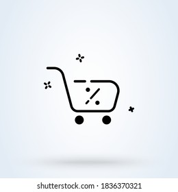 Supermarket Shopping Cart line icon or logo. Big Discount percent concept. consumerism by a shopping cart vector linear illustration.