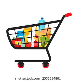 Supermarket shopping cart with products vector illustration. Buying food. Store, shop, market, grocery store trolley. Products purchase. Healthy diet, nutrition.