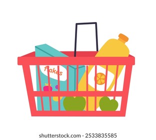 Supermarket shopping cart with products vector illustration. Buying food. Store, shop, market, grocery store trolley. Products purchase. Healthy diet, nutrition.