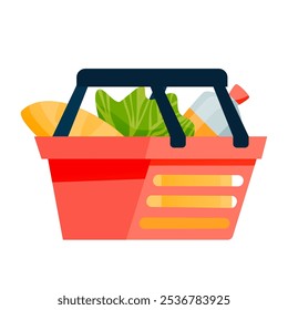 Carrito de compras de supermercado con Ilustración vectorial de productos. Comprar comida. Tienda, tienda, mercado, carro de la tienda de comestibles. Compra de Productos. Dieta saludable, nutrición.