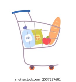 Supermarket shopping cart with products vector illustration. Buying food. Store, shop, market, grocery store trolley. Products purchase. Healthy diet, nutrition.