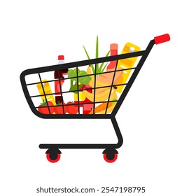 Carrito de compras de supermercado con Ilustración vectorial de productos. Comprar comida. Tienda, tienda, mercado, carro de la tienda de comestibles. Compra de Productos. Dieta saludable, nutrición.