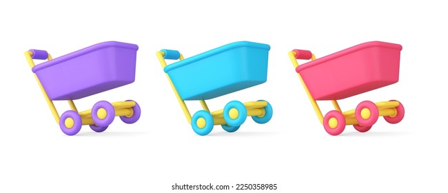 Supermarket shopping cart pushcart trolley for groceries store purchasing 3d icon set realistic vector illustration. Shop commercial purchase displaced basket wheels and handles retail sale discount