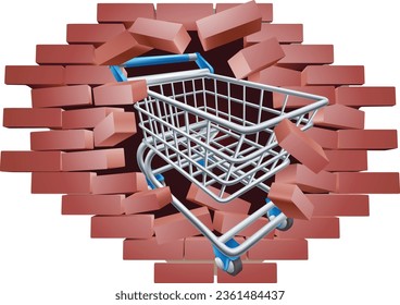 A supermarket shopping cart trolley breaking through a wall 