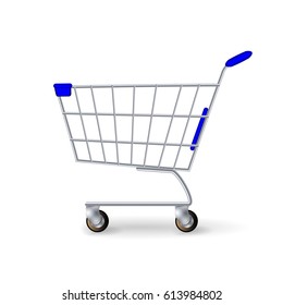 Supermarket Shopping Cart Vector. Side View Empty Shopping Cart Isolated On White Background.