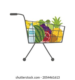Supermarket shopping cart with water and fruit.