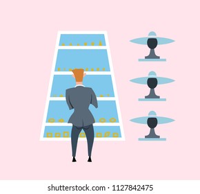  supermarket shopping concept with peoples, fashion and jewelry cartoon flat vector illustration