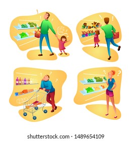 Supermarket shopping flat vector illustrations set. Shoppers grocery store customers cartoon characters. Father with disobedient daughter buying food. Indecisive man and young woman choosing products