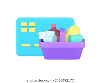 Supermarket shopping food cart buying credit debit card payment 3d icon realistic vector illustration. Purchase pay banking financial service e money cashless goods paying commercial business checkout