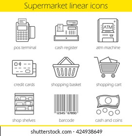 Supermarket shopping linear icons set. Pos terminal, cash register, bank atm machine, credit card, shopping basket and cart, shop shelves, barcode, cash. Thin line. Isolated vector illustrations