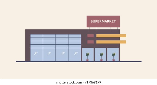 Supermarket, Shopping Mall Or Big Box Store Built In Contemporary Architectural Style. Modern Building With Large Windows. Commercial Property For Retail Or Real Estate. Flat Vector Illustration.