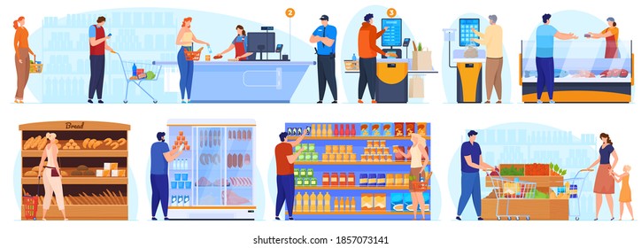 Supermarket, shopping. People stand in line at the checkout, a security guard monitors compliance with the rules. People at the shelves in the supermarket choose the product, self-cooling. Vector