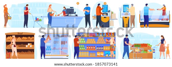 Supermarket, shopping. People stand in line at the\
checkout, a security guard monitors compliance with the rules.\
People at the shelves in the supermarket choose the product,\
self-cooling.\
Vector